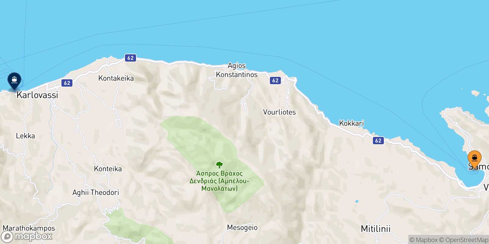 Carte des traverséesVathi (Samos) Karlovassi (Samos)