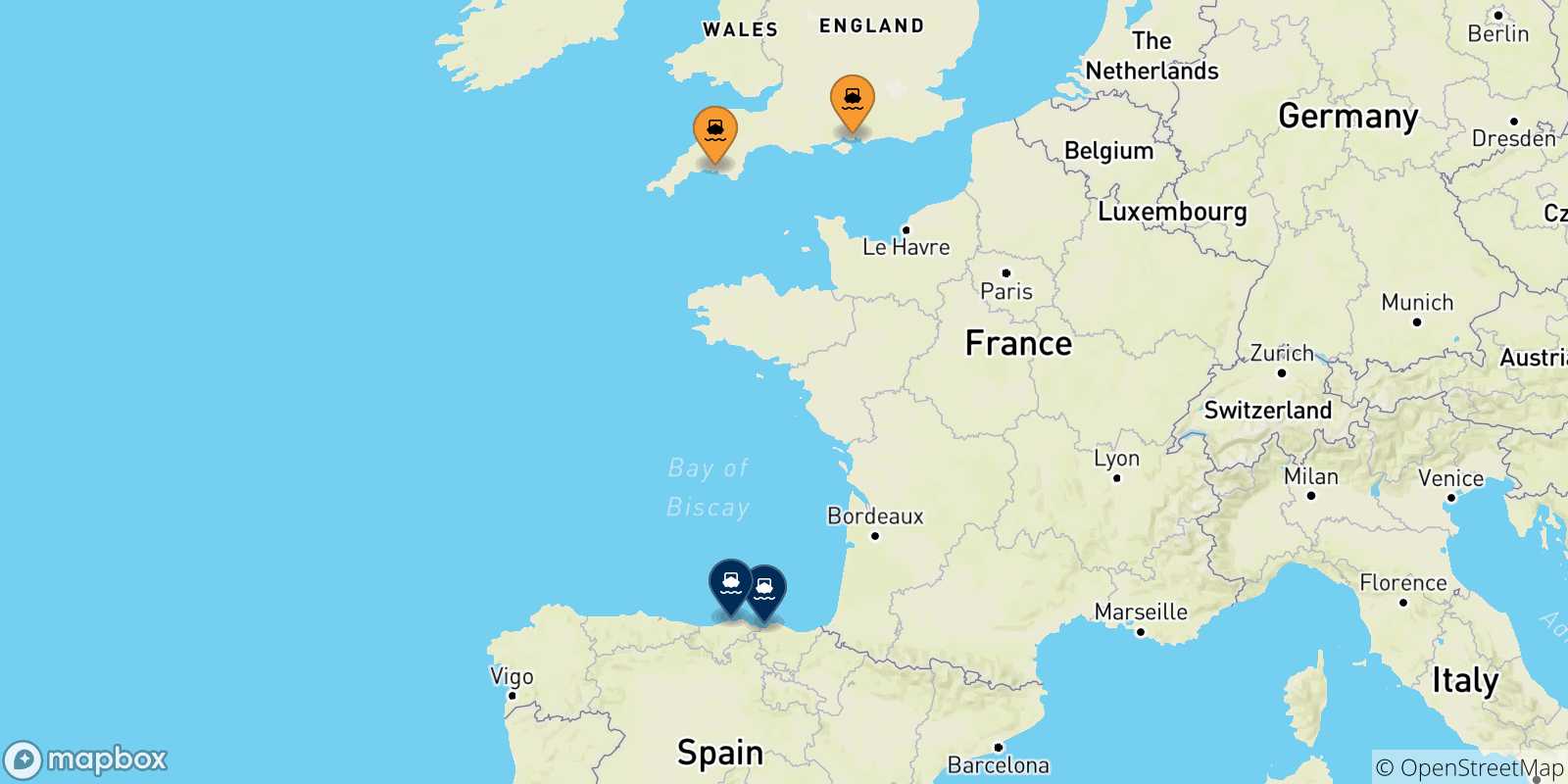Carte des traversées possibles entre le Royaume-uni et l'Espagne