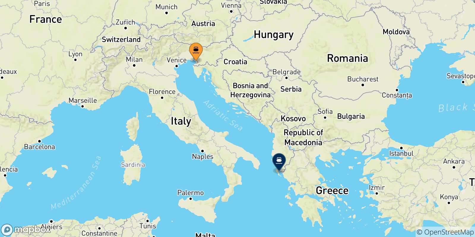 Carte des traversées possibles entre Trieste et Îles Ioniennes