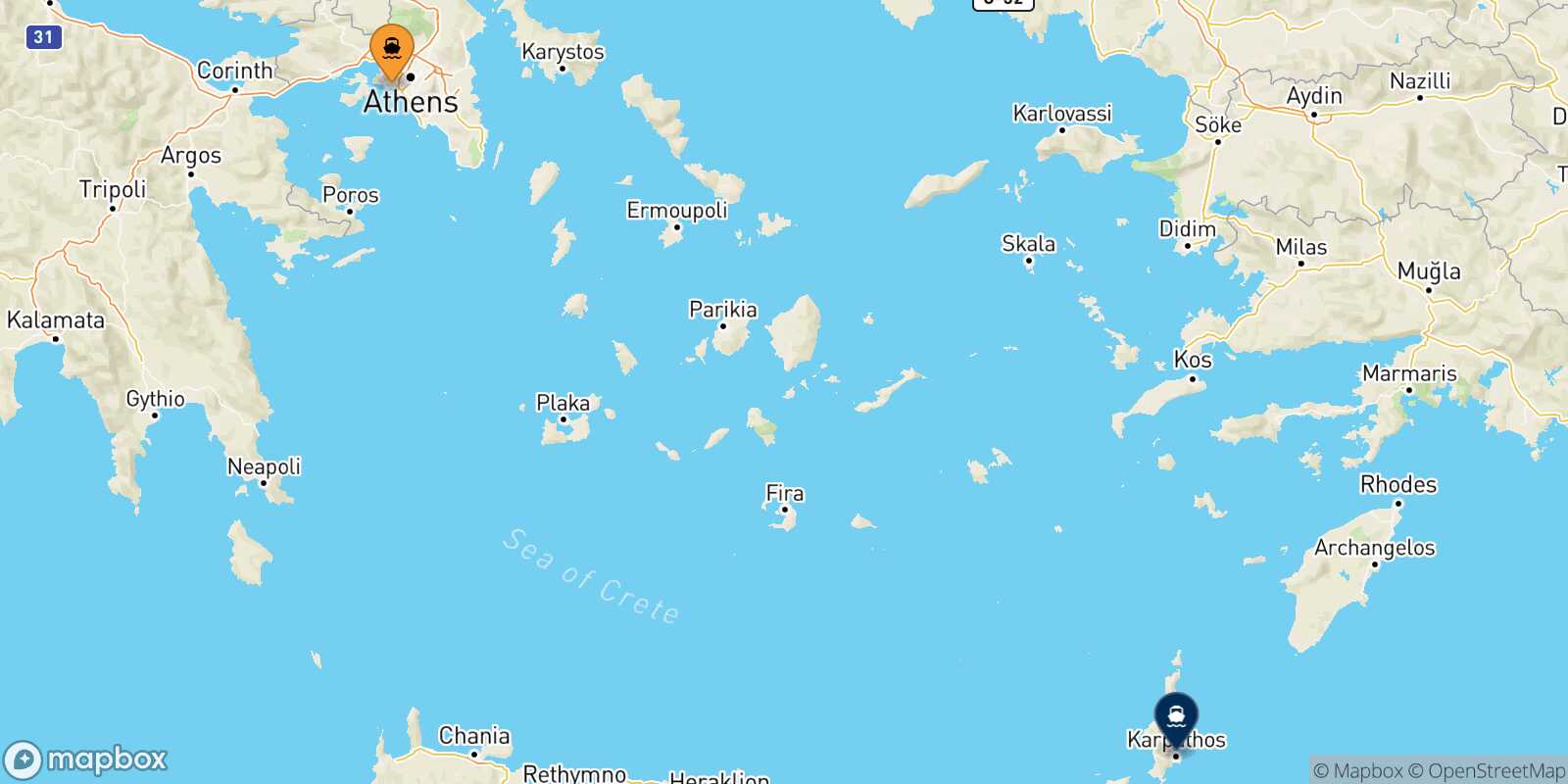 Carte des traverséesLe Piree Diafani (Karpathos)