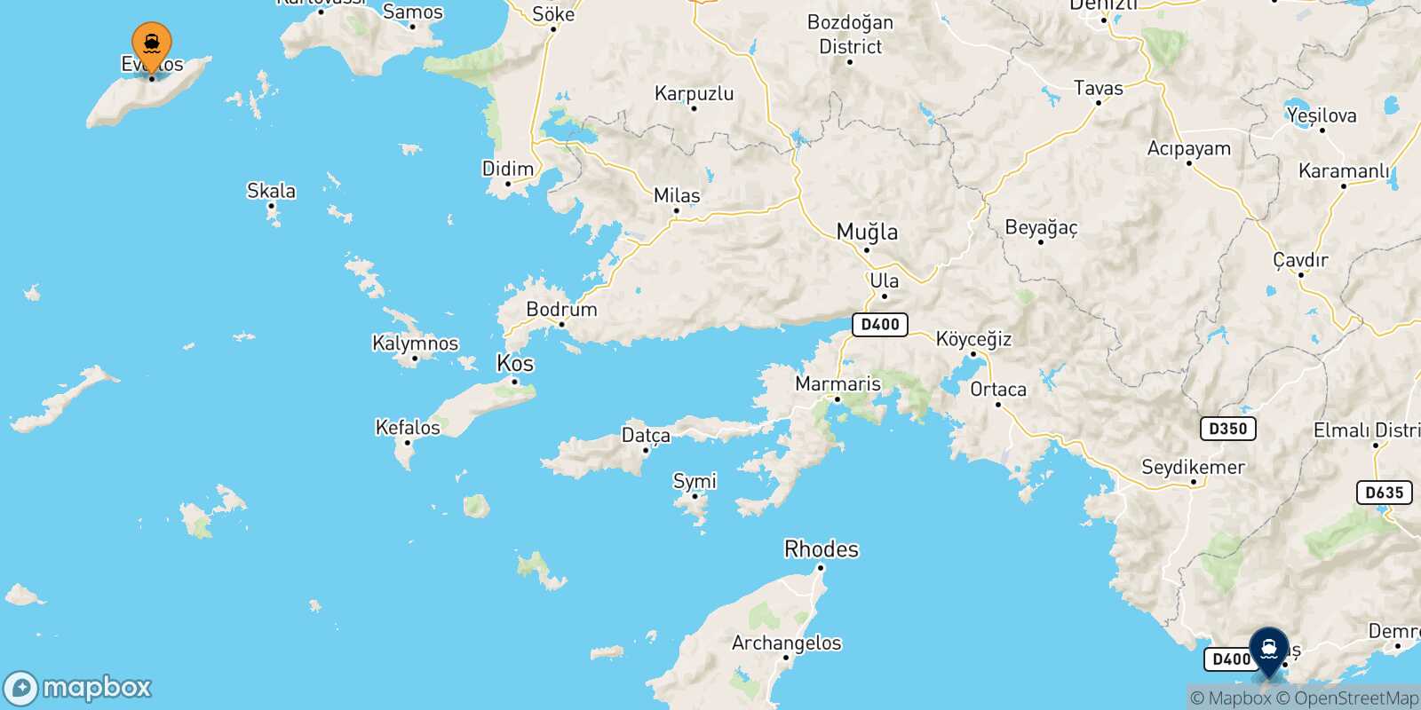Carte des traverséesEvdilos (Ikaria) Kastellórizo