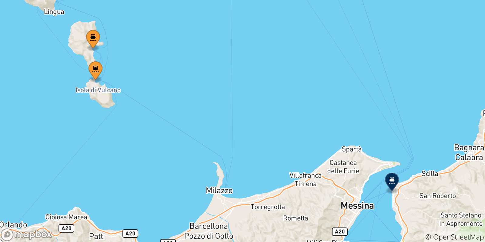 Carte des traversées possibles entre les Îles Éoliennes et Reggio De Calabre