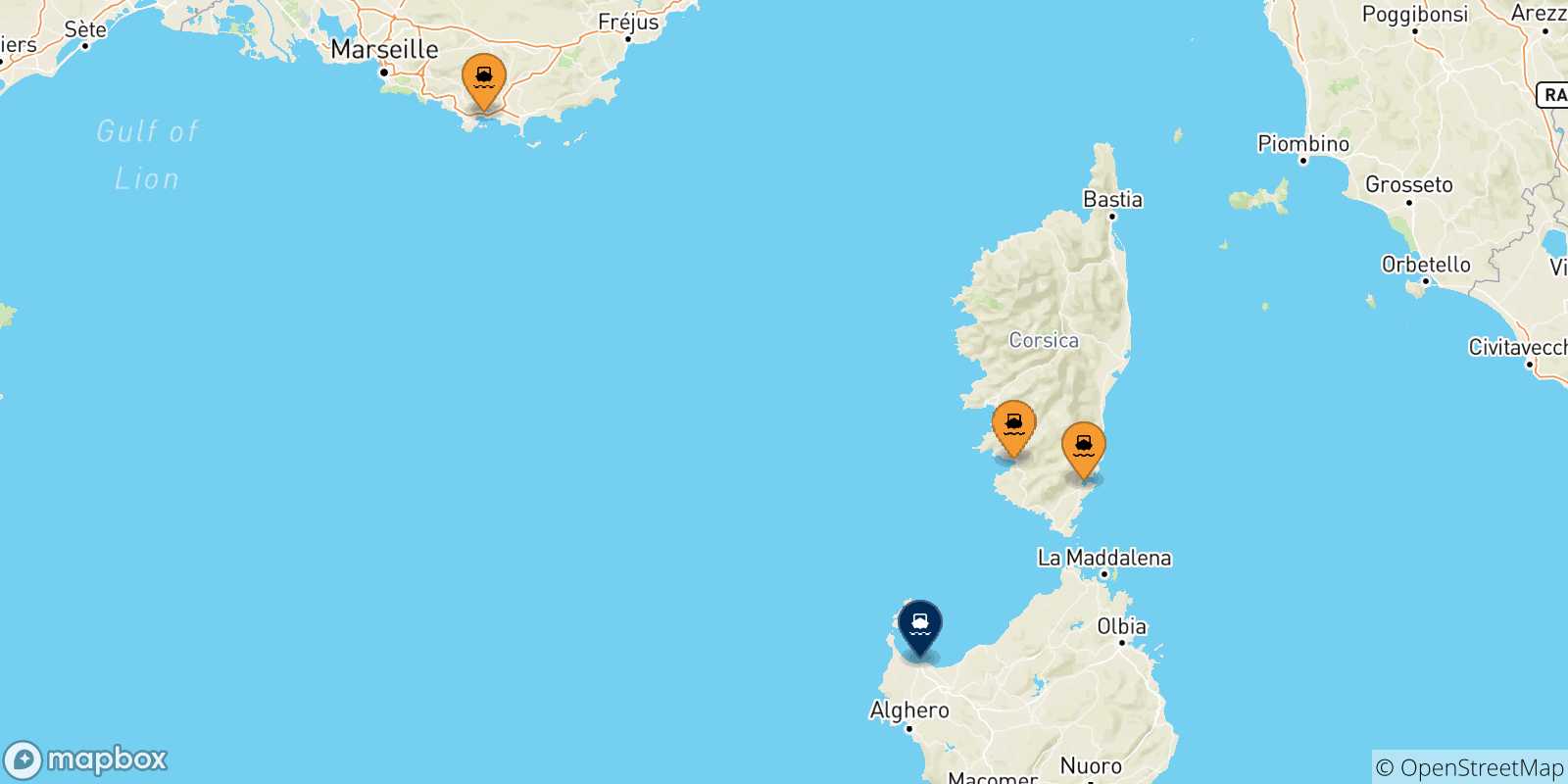 Carte des traversées possibles entre la France et Porto Torres