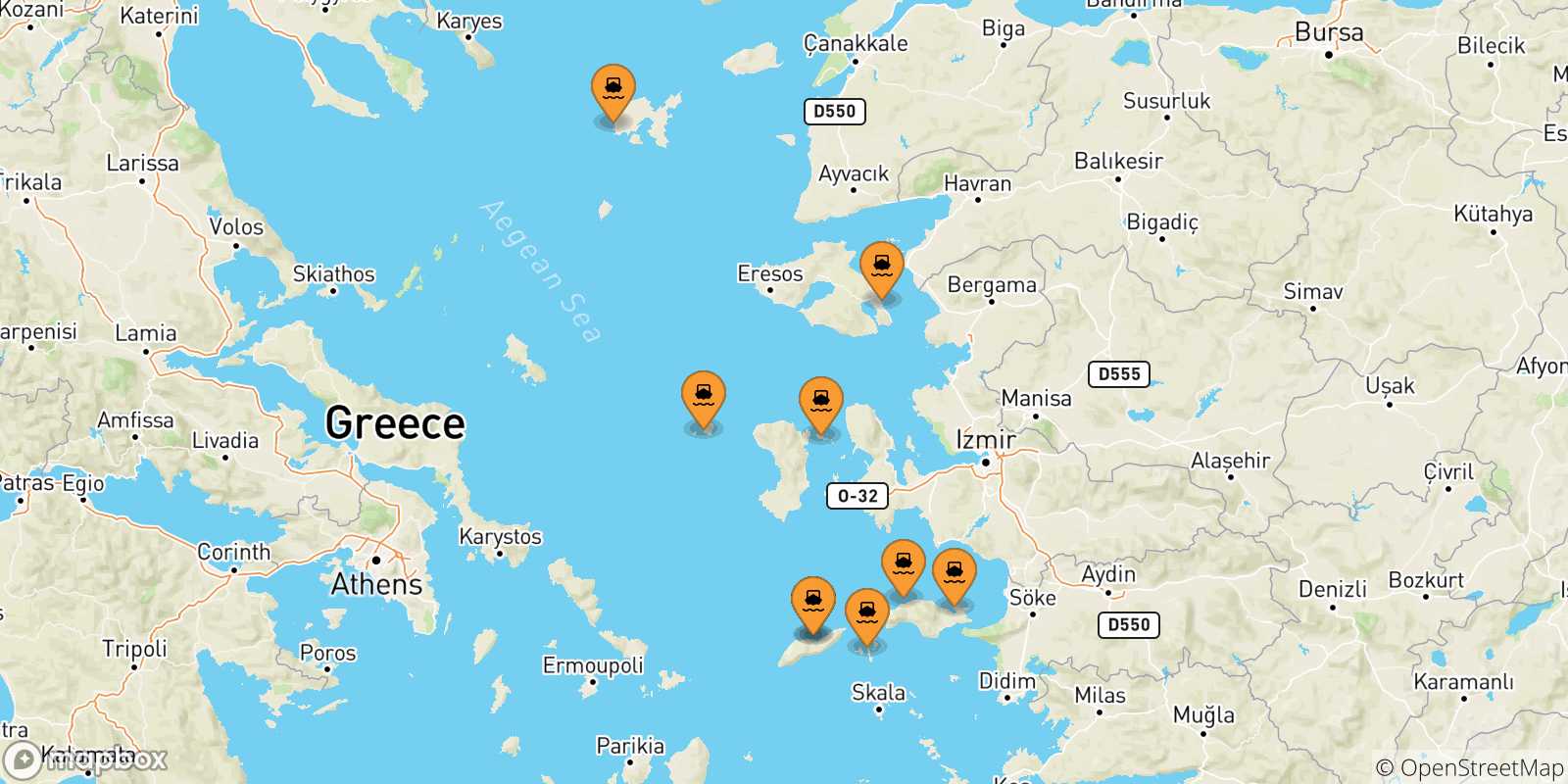 Carte des traversées possibles entre les Îles Égéennes et Chios