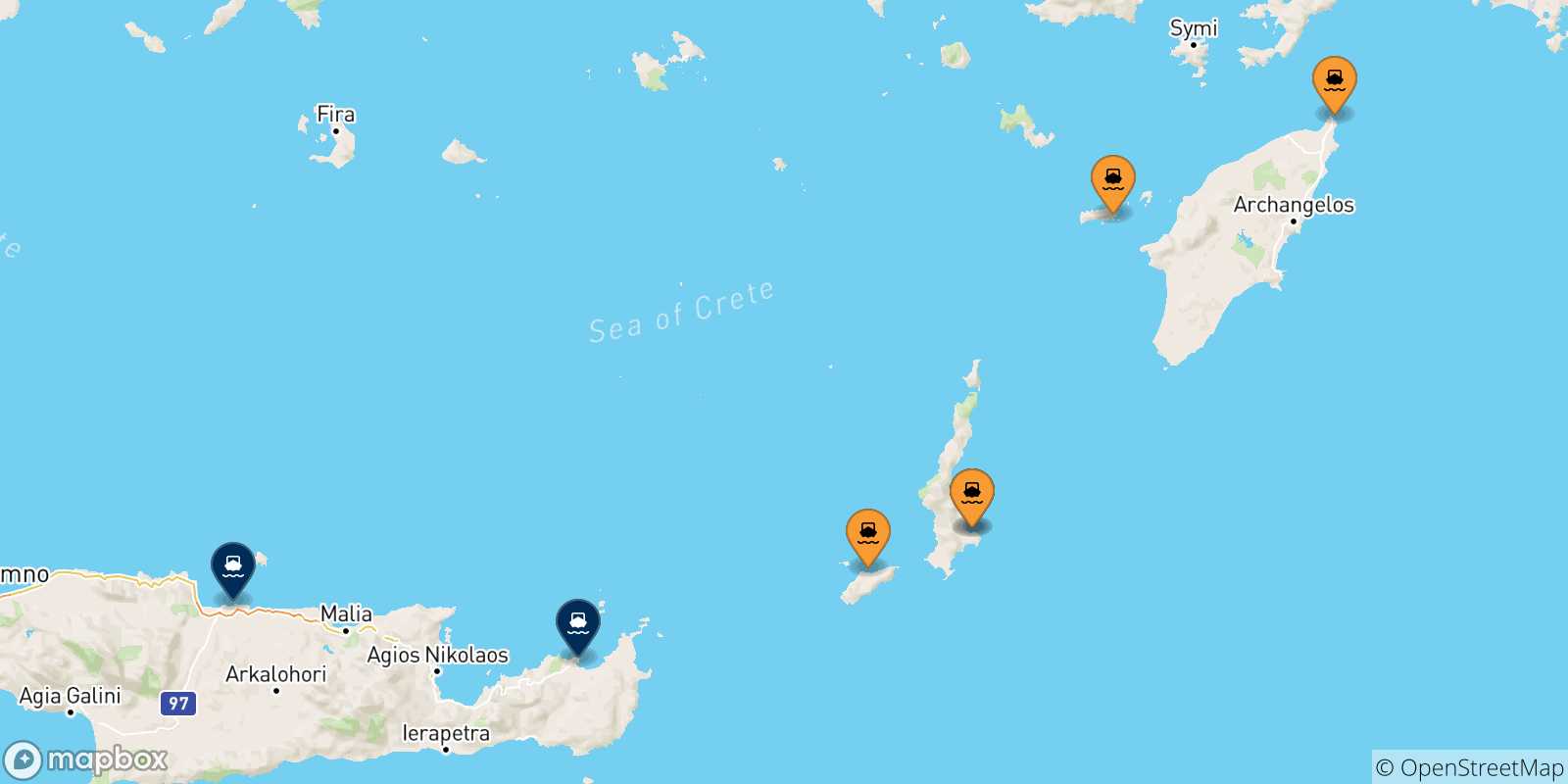 Carte des traversées possibles entre Îles Du Dodécanèse et la Crète