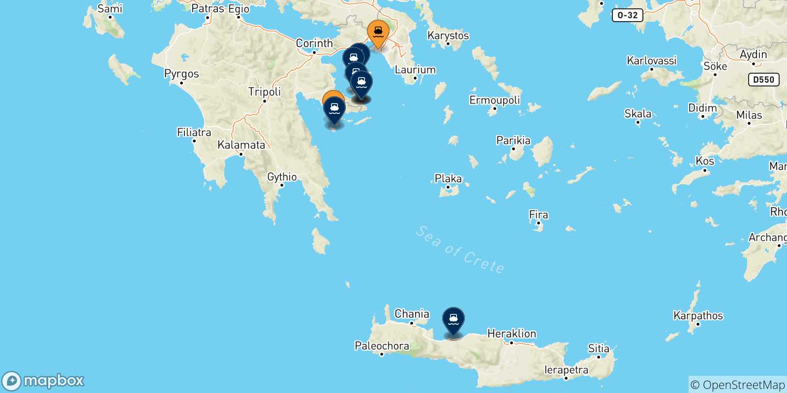 Carte des traversées possibles entre la Grèce et les Îles Saroniques