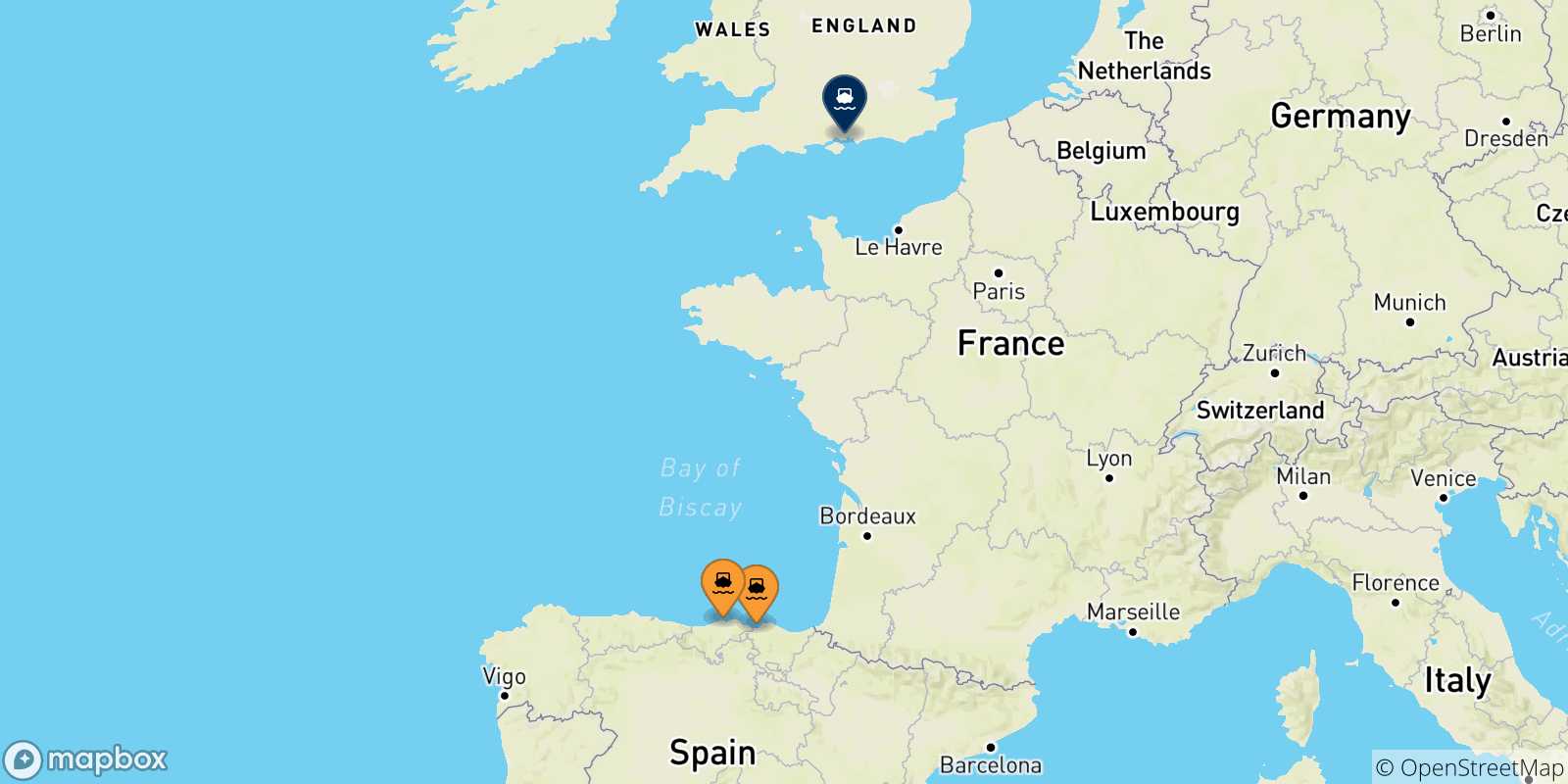 Carte des traversées possibles entre l'Espagne et Portsmouth