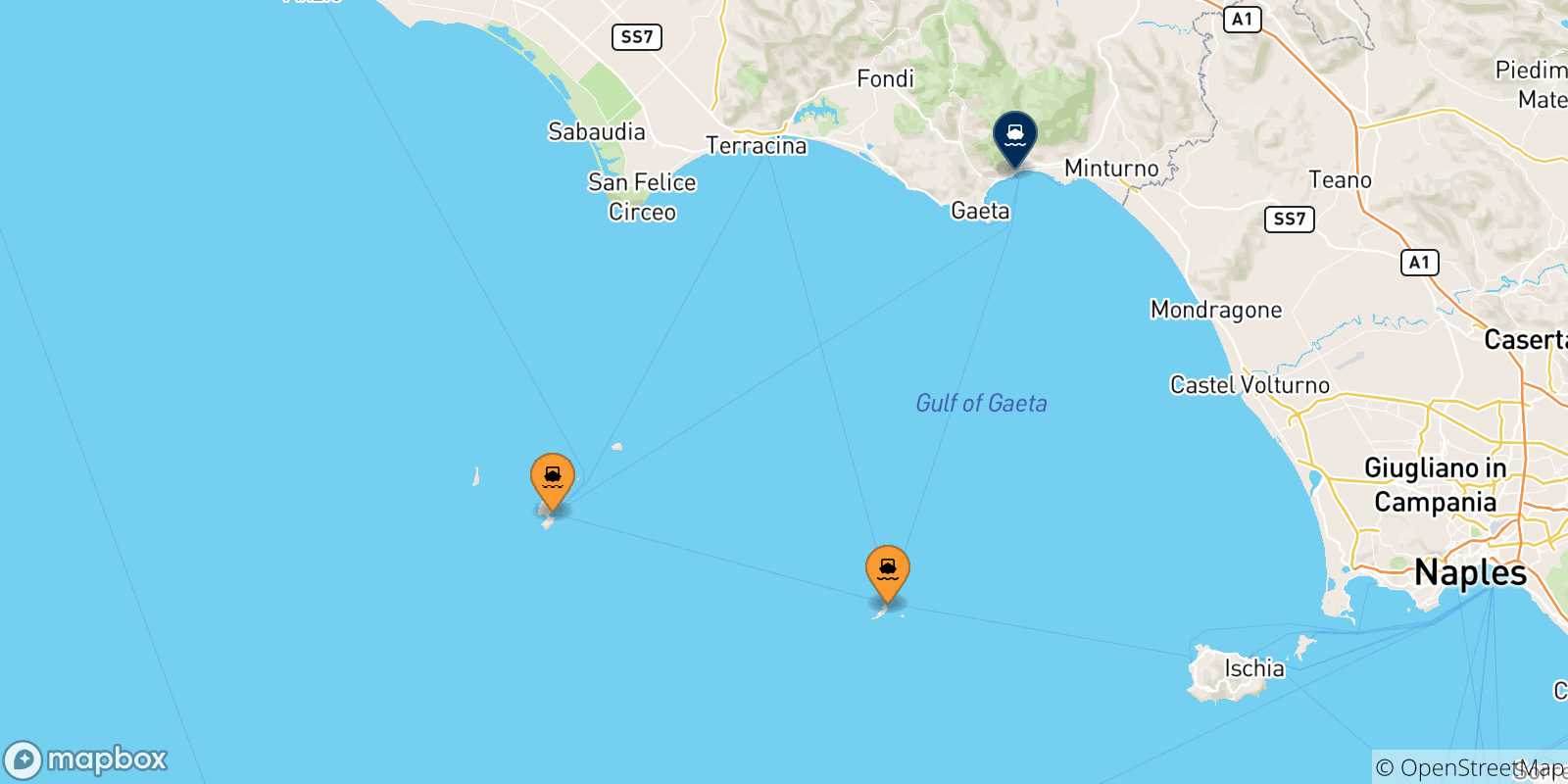 Carte des traversées possibles entre Îles Pontines et Formia