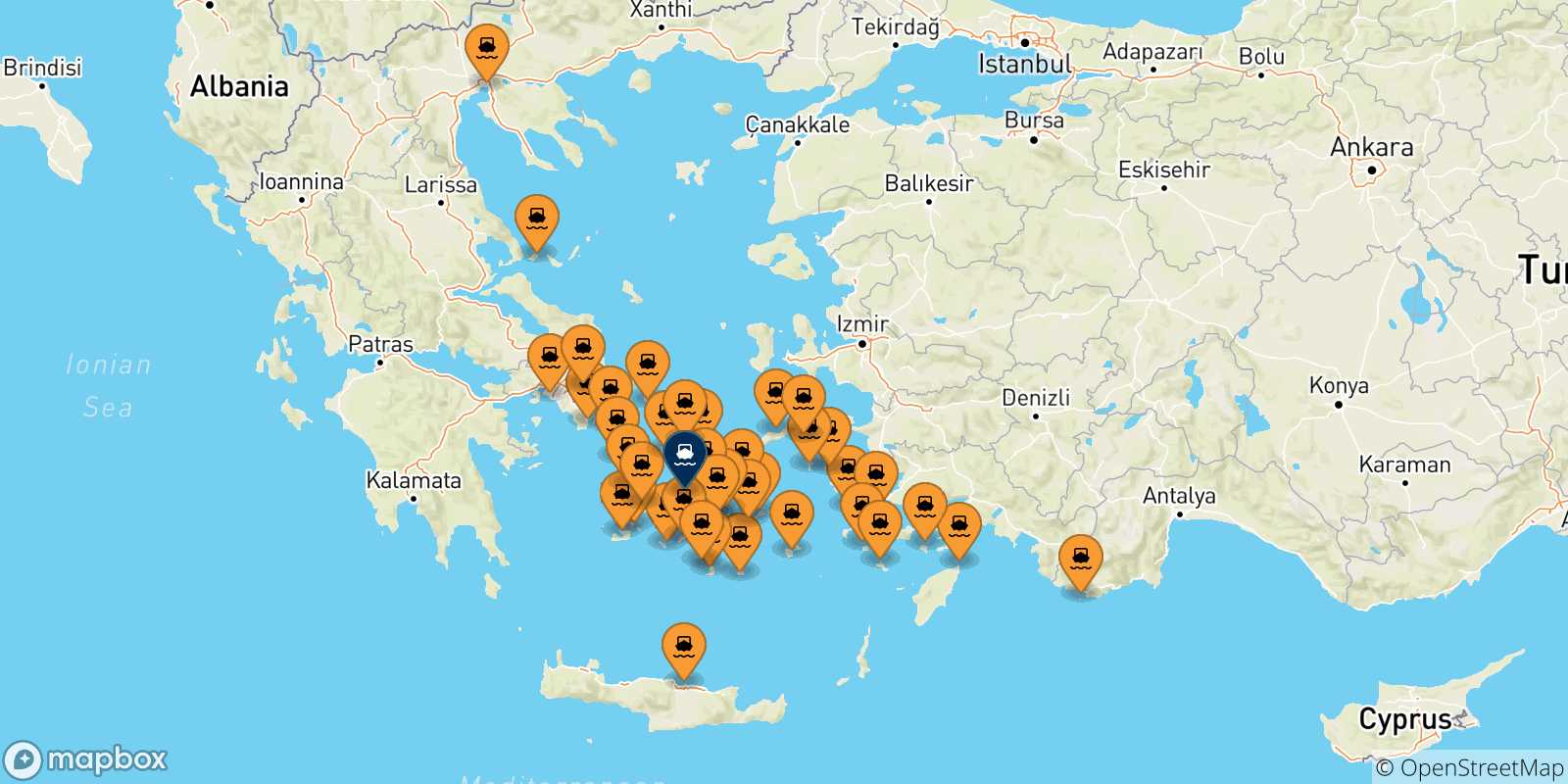 Carte des traversées possibles entre la Grèce et Paros