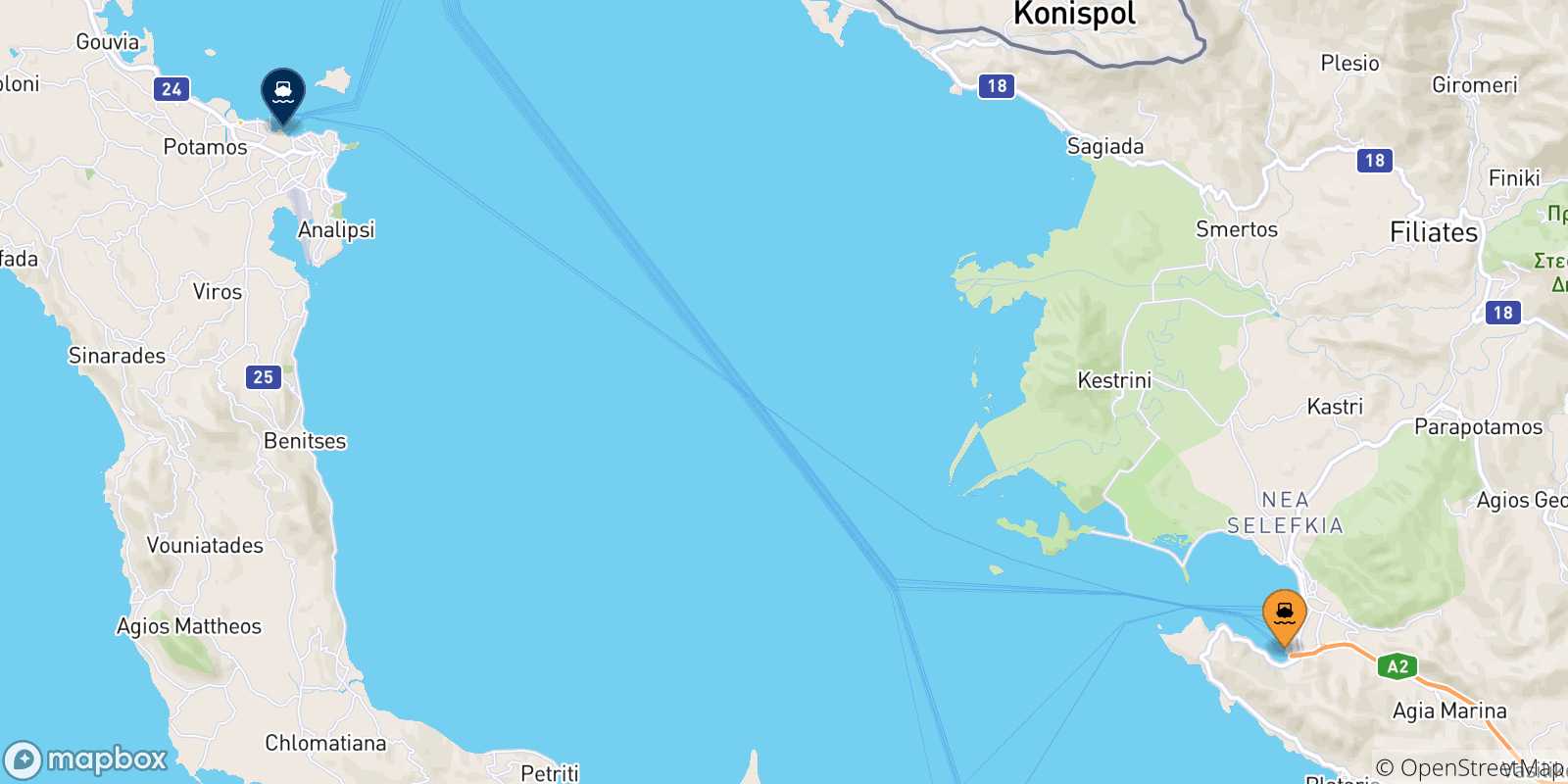 Carte des traversées possibles entre Igoumenitsa et Îles Ioniennes