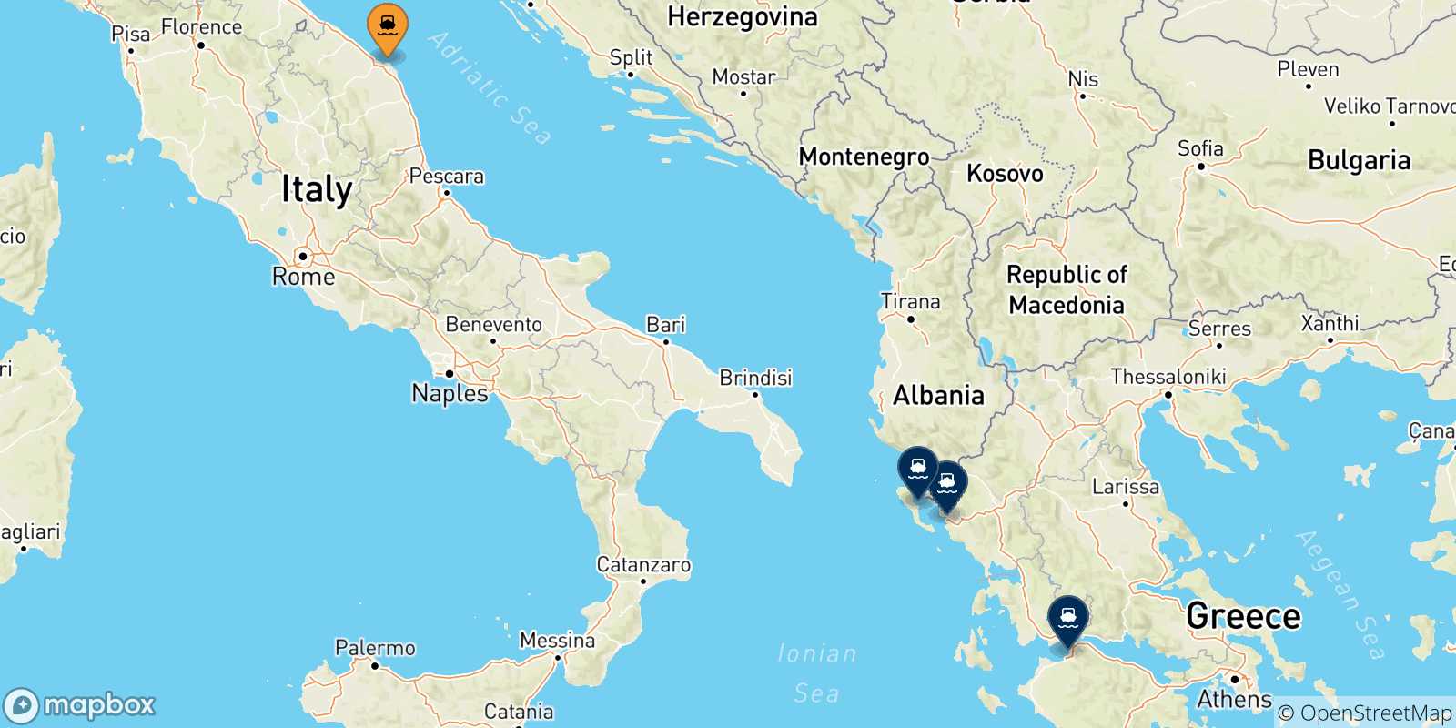 Carte des traversées possibles entre Ancône et la Grèce