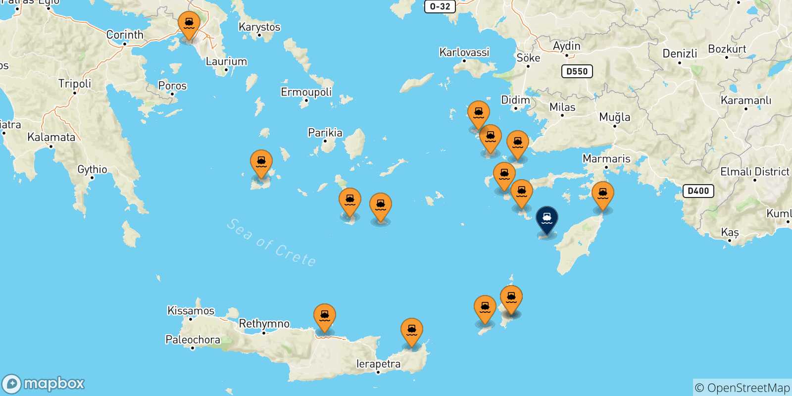 Carte des traversées possibles entre la Grèce et Chalki