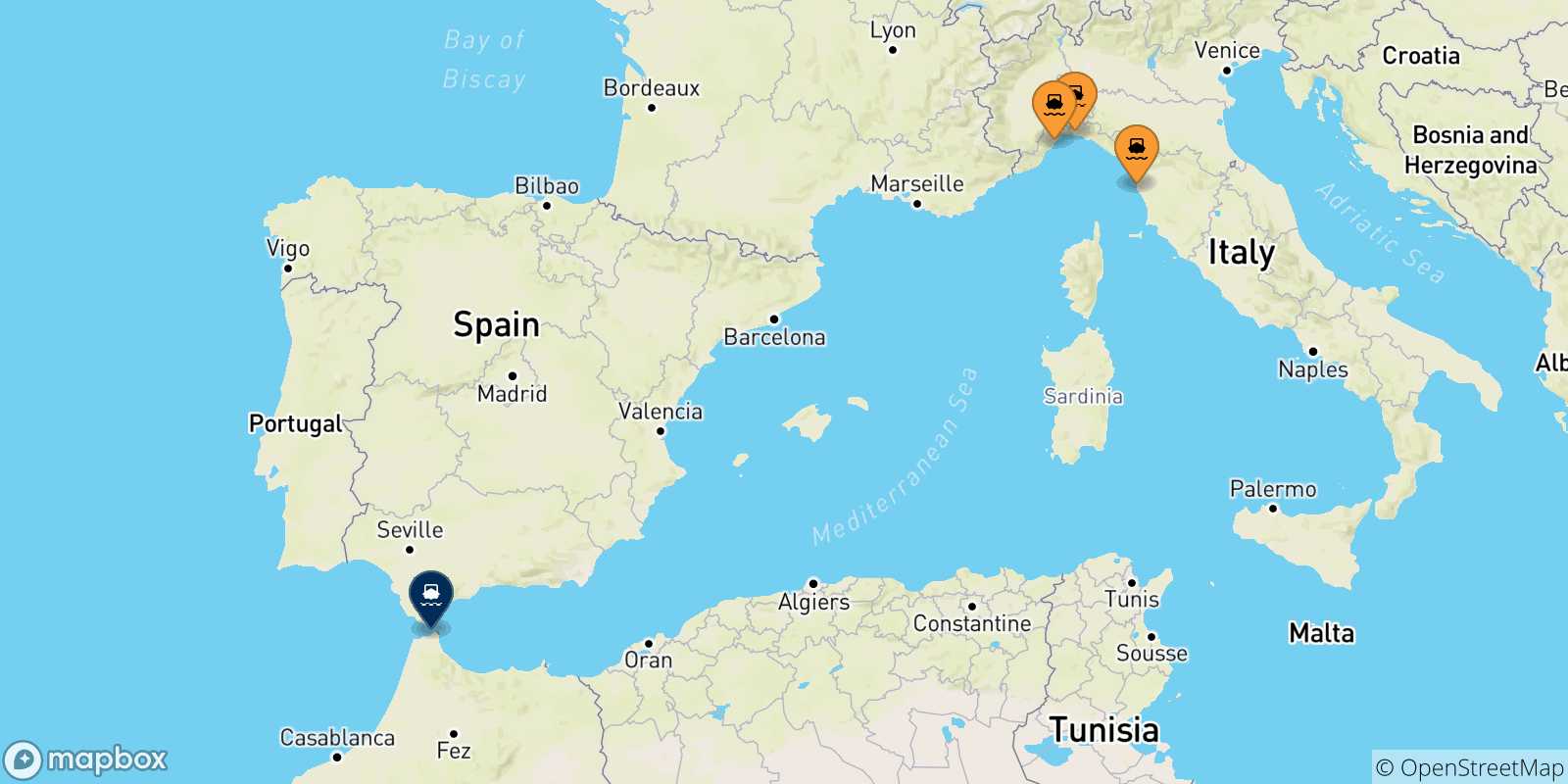 Carte des traversées possibles entre l'Italie et le Maroc