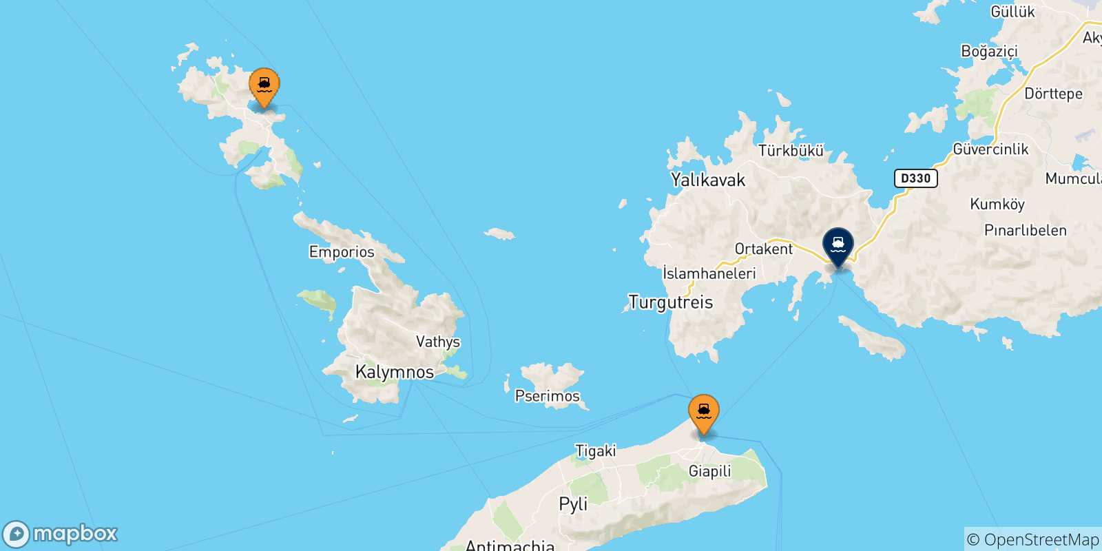 Carte des traversées possibles entre Îles Du Dodécanèse et Turgutreis
