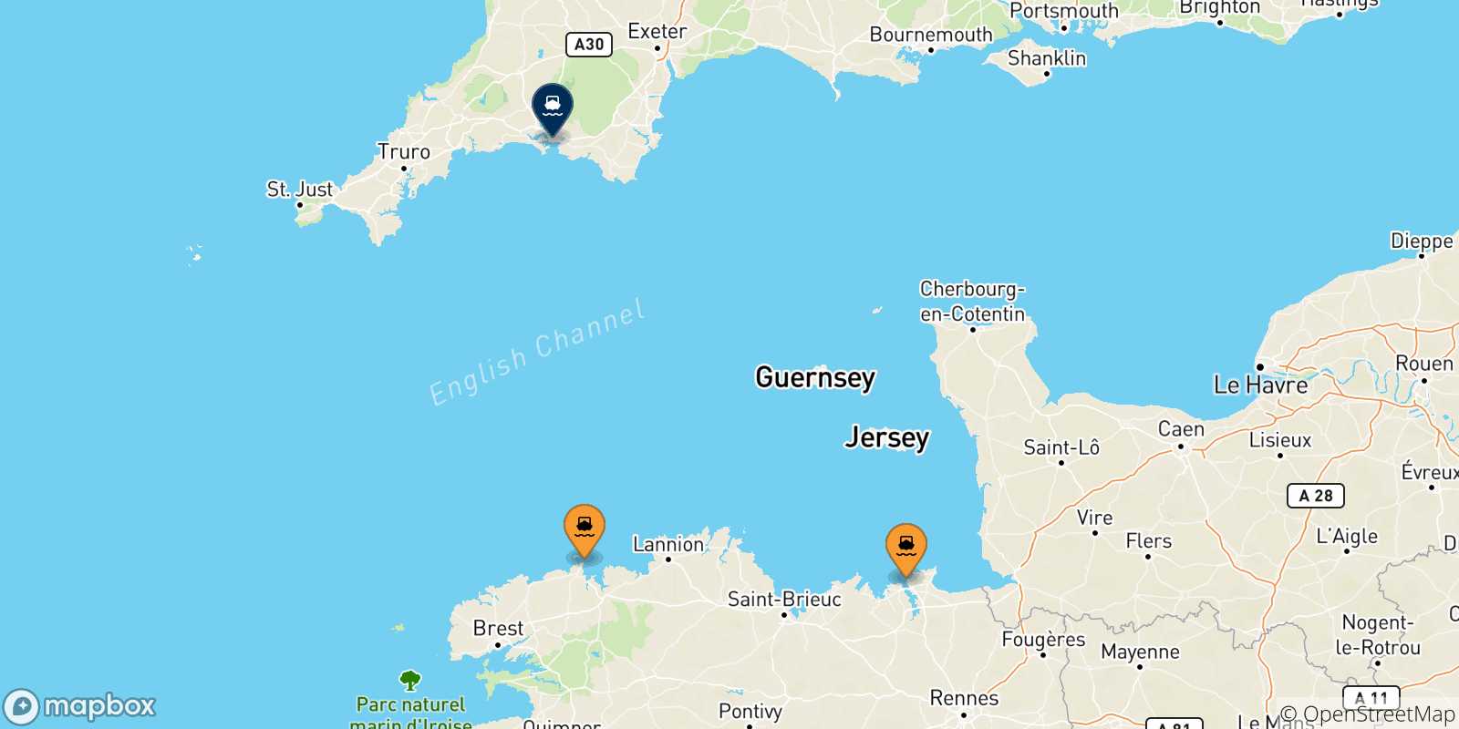 Carte des traversées possibles entre la France et Plymouth
