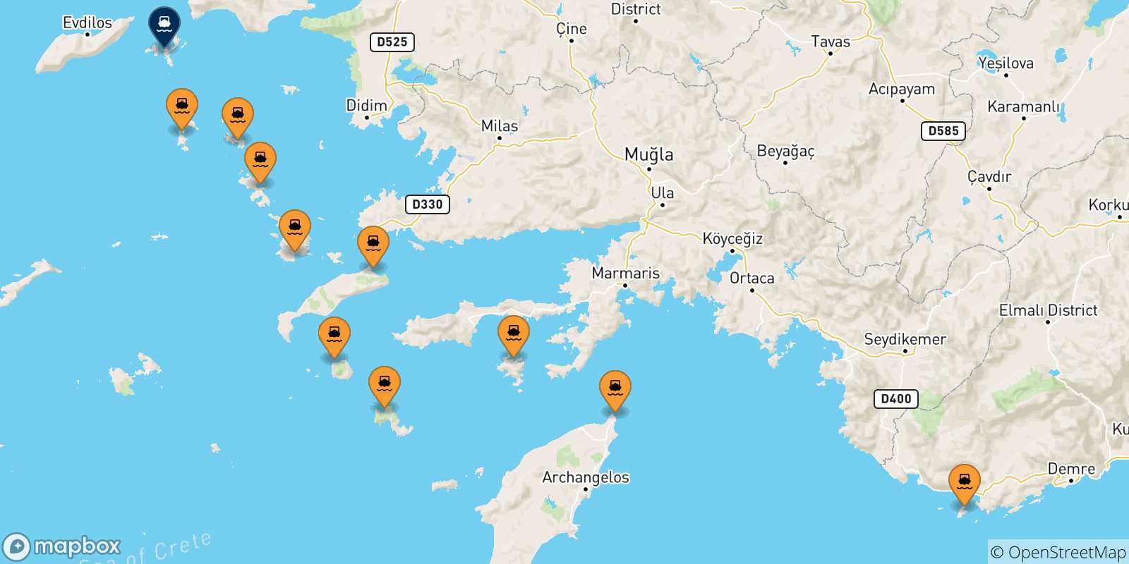 Carte des traversées possibles entre Îles Du Dodécanèse et Fourni