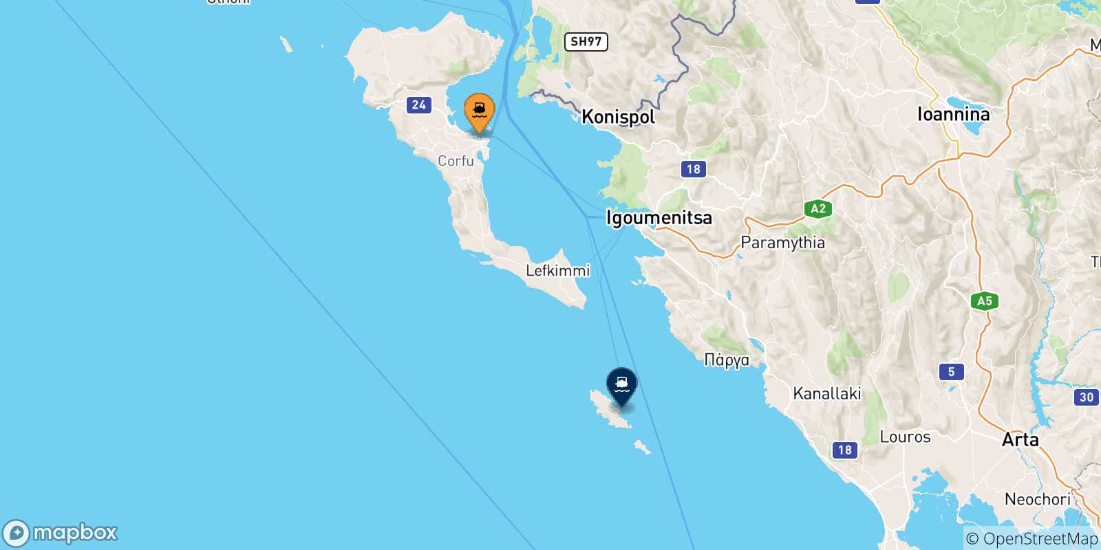 Carte des traversées possibles entre Corfou et Îles Ioniennes