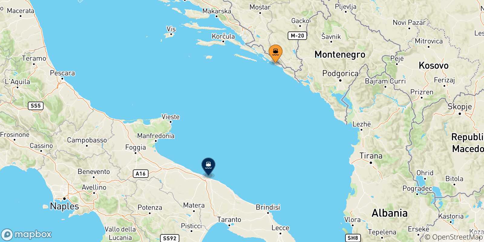 Carte des traversées possibles entre la Croatie et Bari