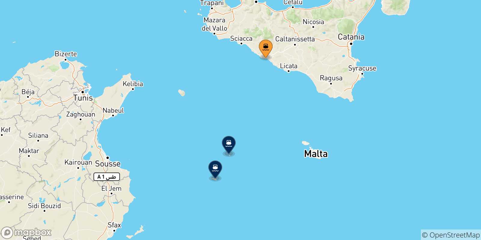 Carte des traversées possibles entre Porto Empedocle et l'Italie