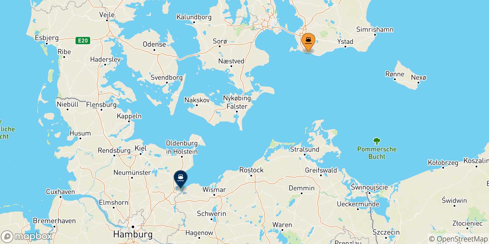 Carte des traversées possibles entre Malmö et l'Allemagne