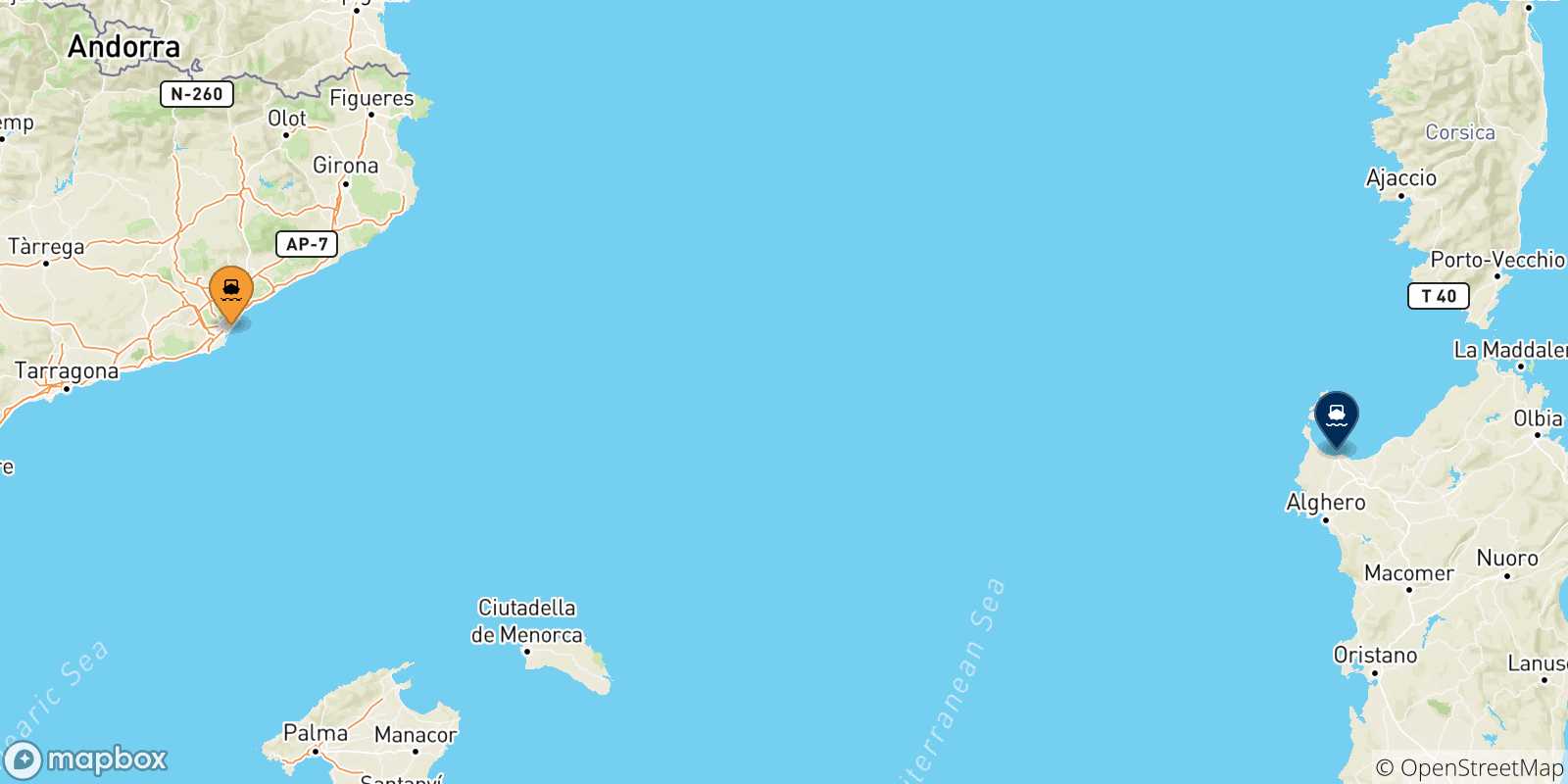 Carte des traversées possibles entre l'Espagne et la Sardaigne