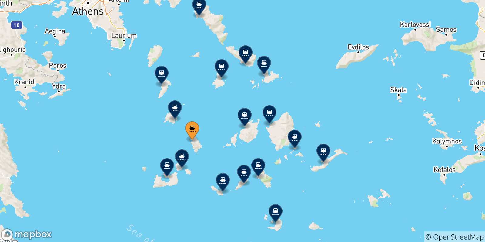 Carte des traversées possibles entre Sifnos et Îles Des Cyclades