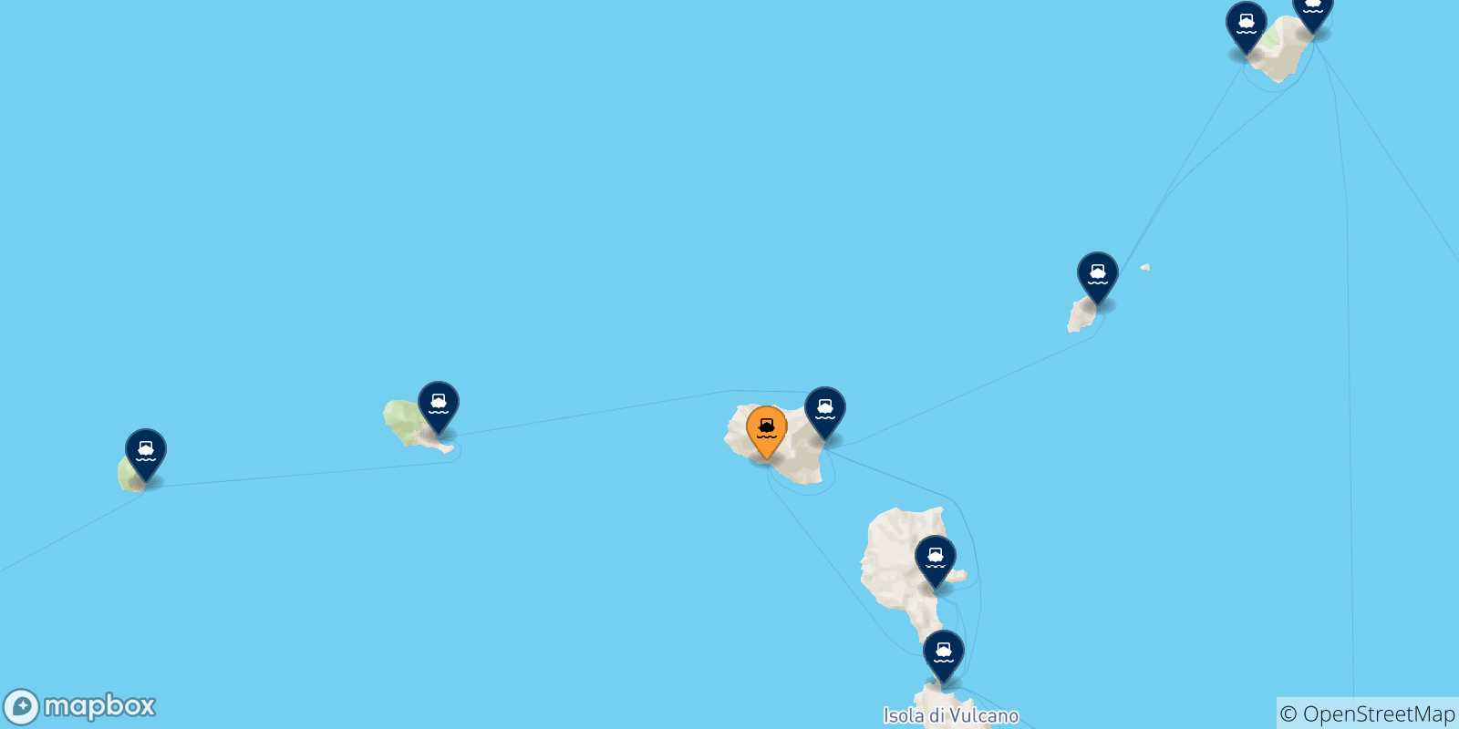 Carte des traversées possibles entre Rinella (Salina) et les Îles Éoliennes