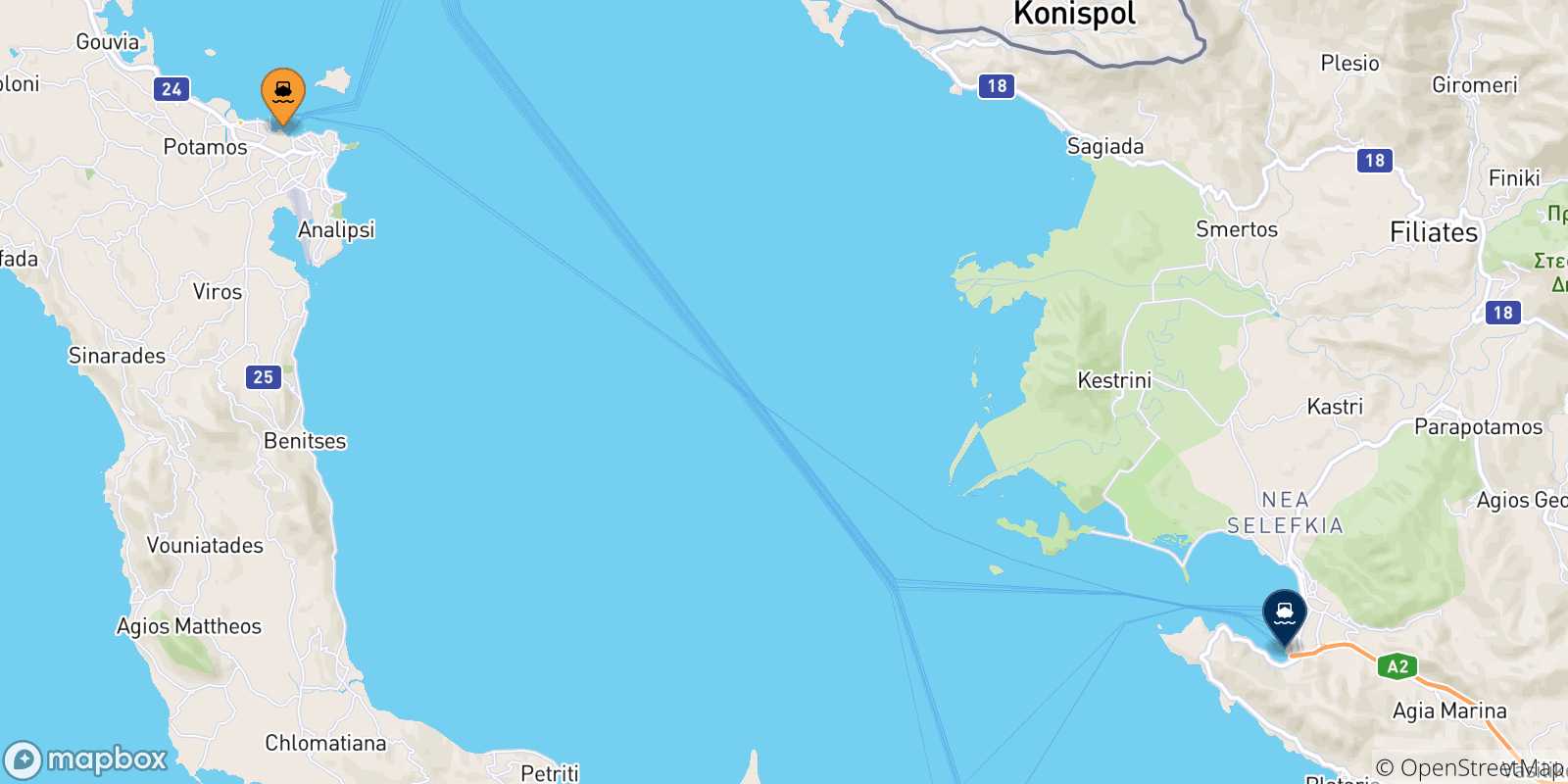 Carte des traversées possibles entre la Grèce et Igoumenitsa