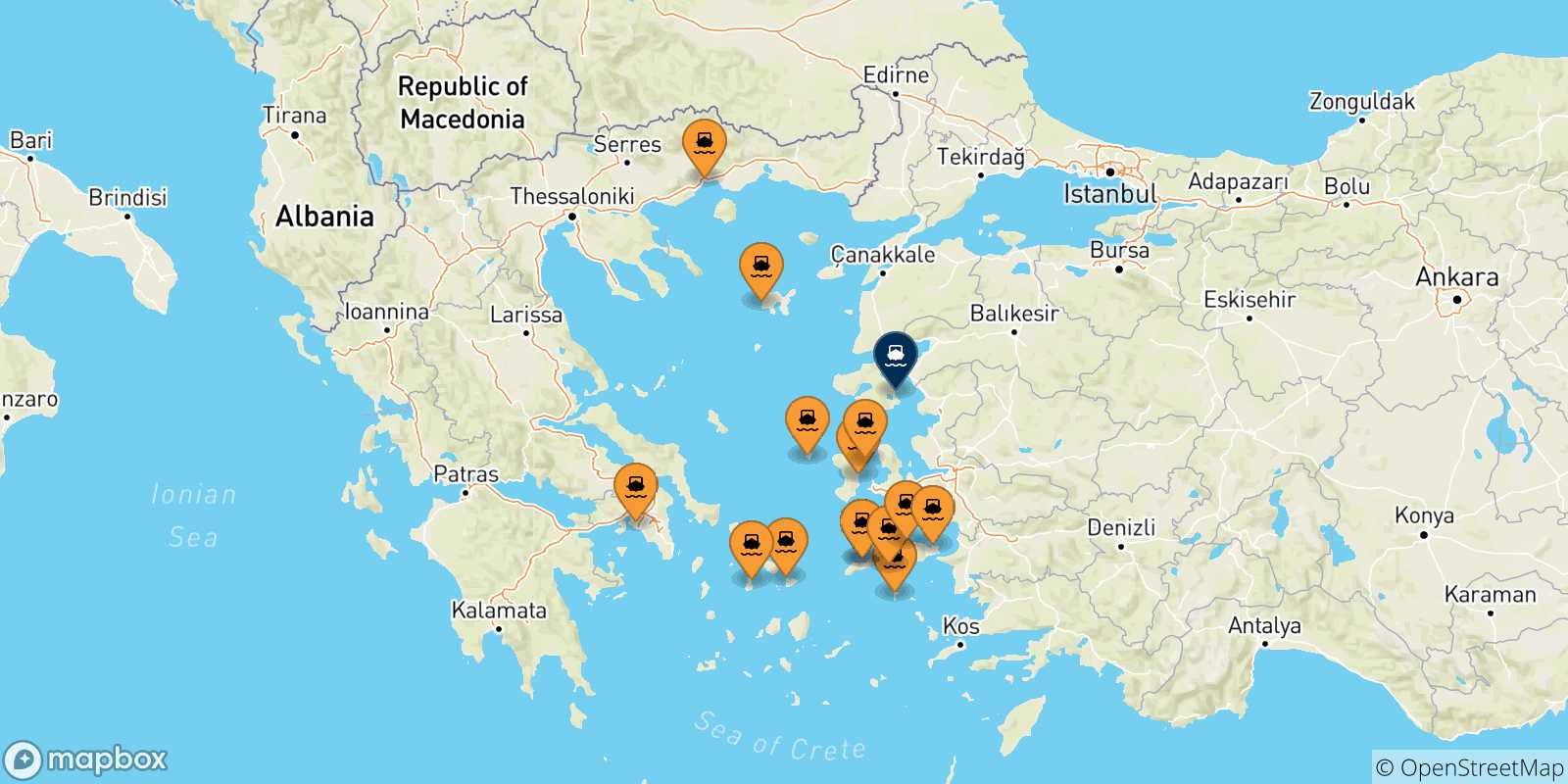 Carte des traversées possibles entre la Grèce et Mytilene (Lesvos)