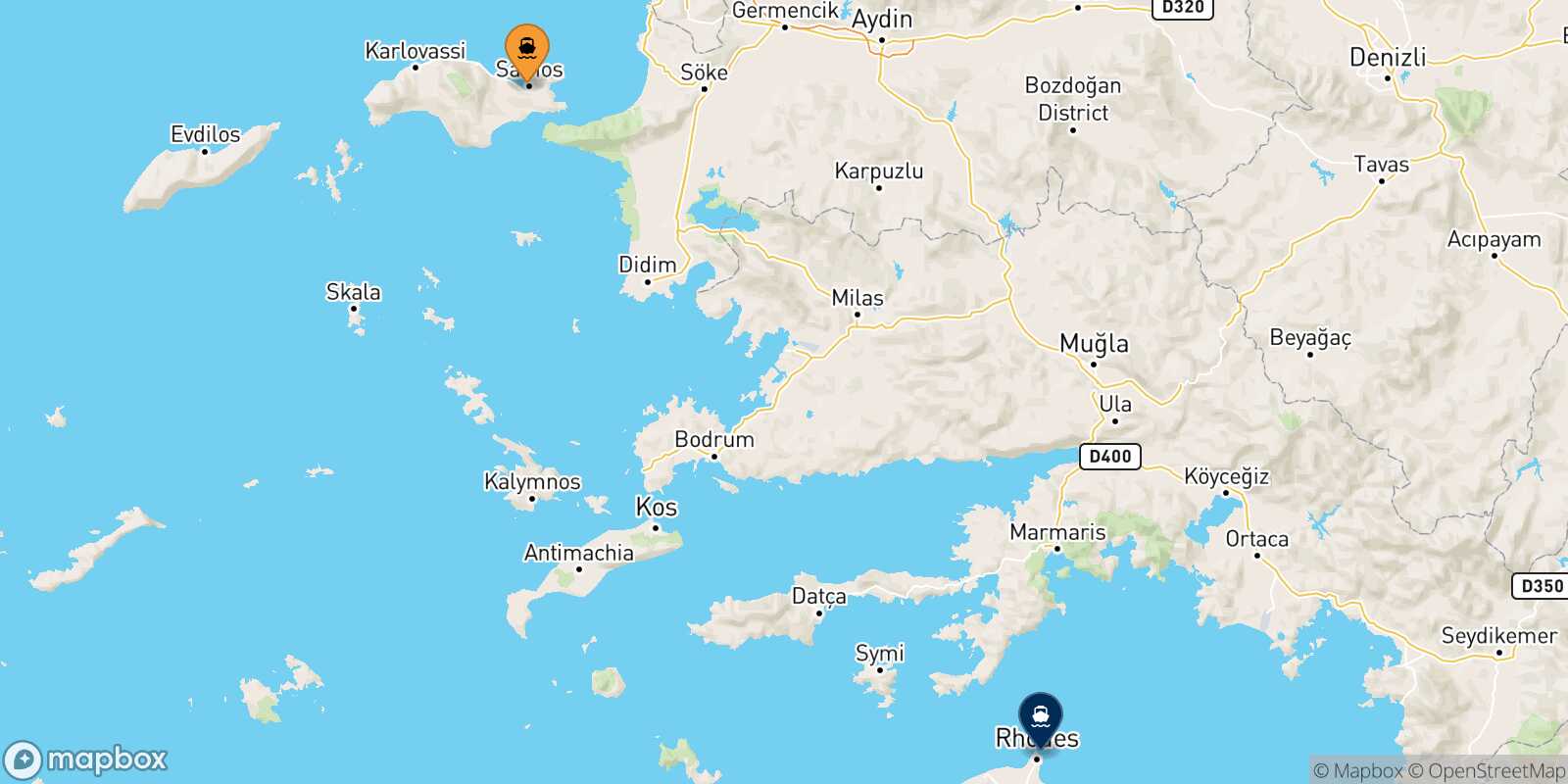 Carte des traverséesVathi (Samos) Rhodes