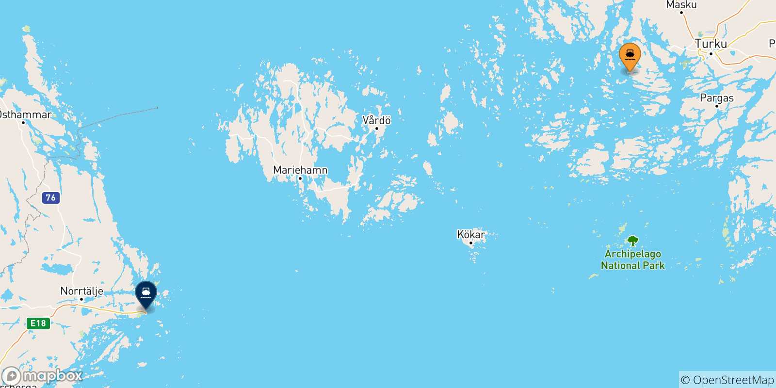Carte des traversées possibles entre Naantali et la Suède