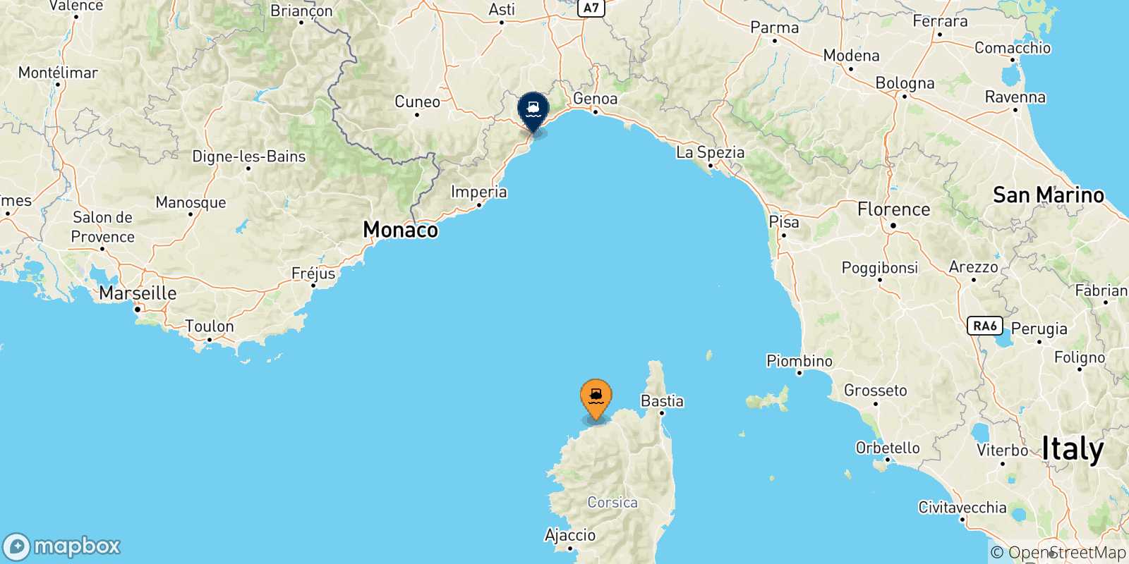 Carte des traversées possibles entre Calvi et l'Italie