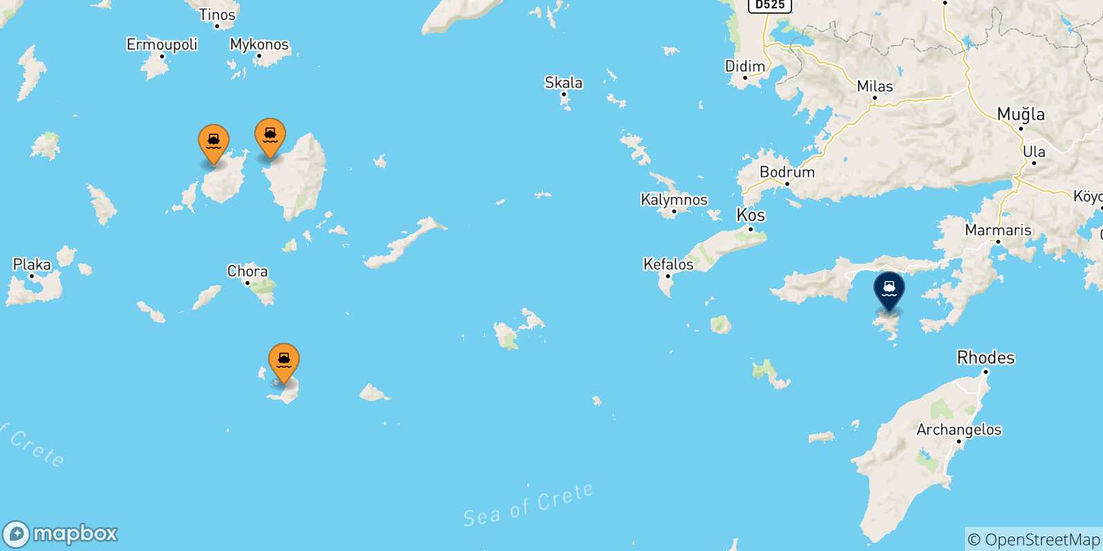 Carte des traversées possibles entre Îles Des Cyclades et Symi