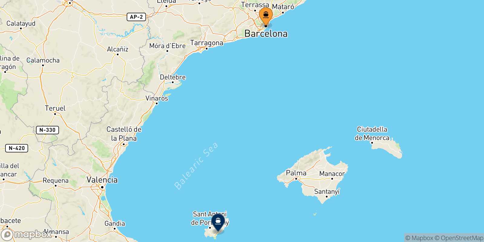 Carte des traverséesBarcelone Ibiza