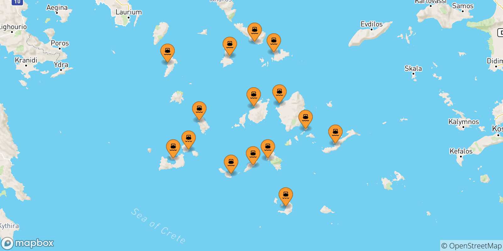 Carte des traversées possibles entre Îles Des Cyclades et Sérifos