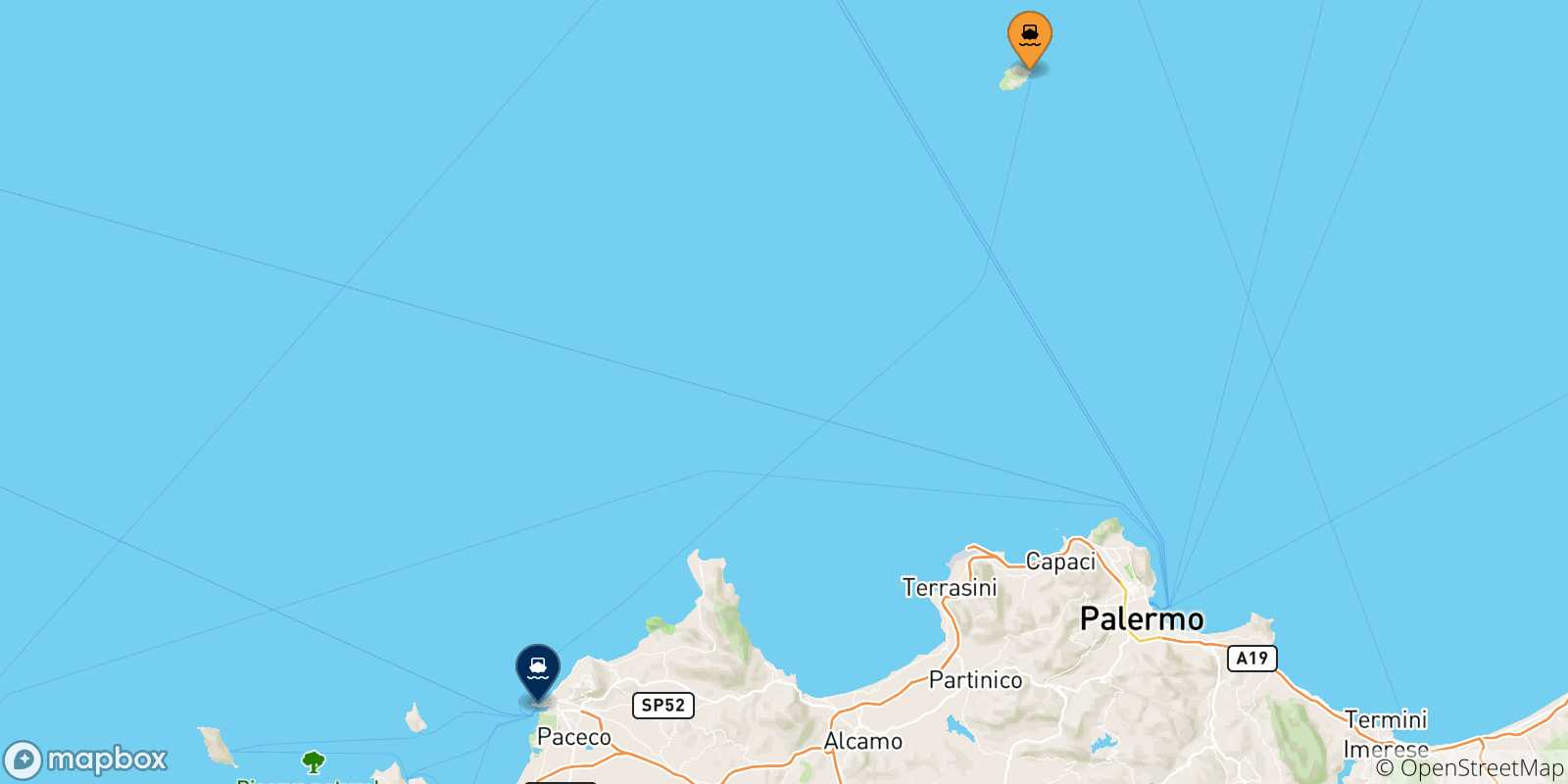 Carte des traversées possibles entre l'Île D'ustica et Trapani
