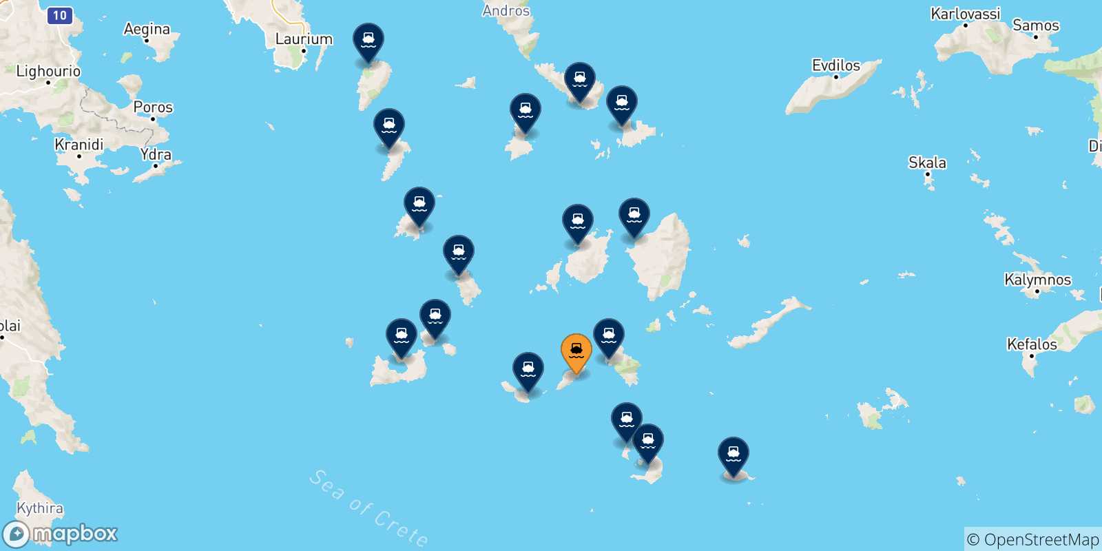 Carte des traversées possibles entre Sikinos et Îles Des Cyclades