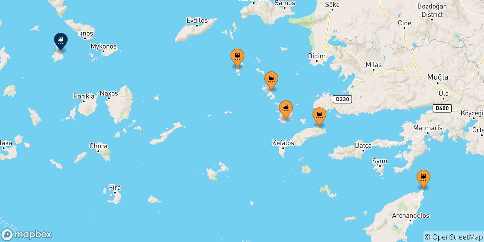 Carte des traversées possibles entre Îles Du Dodécanèse et Syros