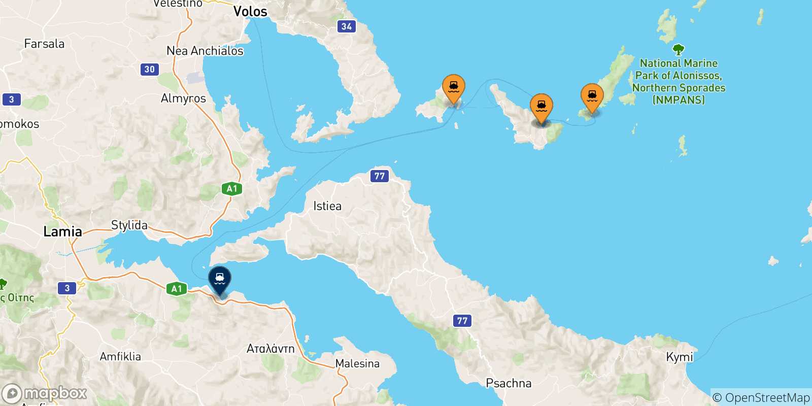 Carte des traversées possibles entre les Îles Sporades et Agios Konstantinos