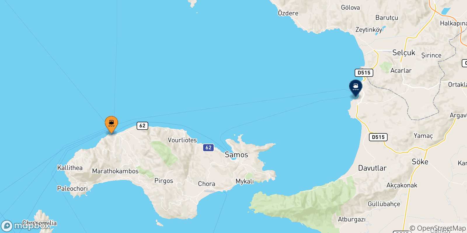 Carte des traversées possibles entre Pythagorio (Samos) et la Turquie