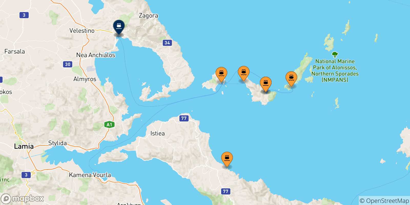 Carte des traversées possibles entre la Grèce et Volos