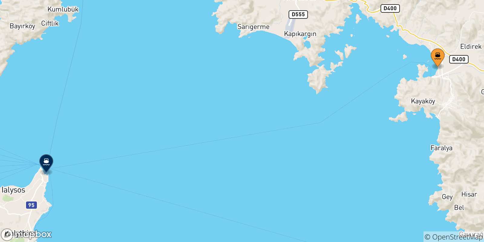 Carte des traversées possibles entre Fethiye et la Grèce