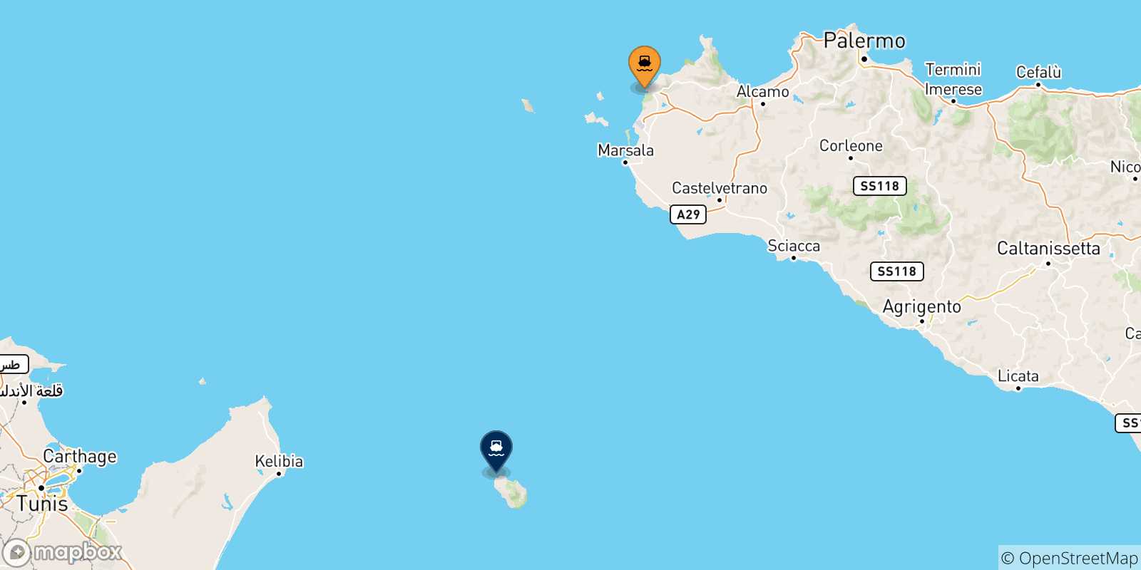 Carte des traversées possibles entre la Sicile et l'Île De Pantelleria