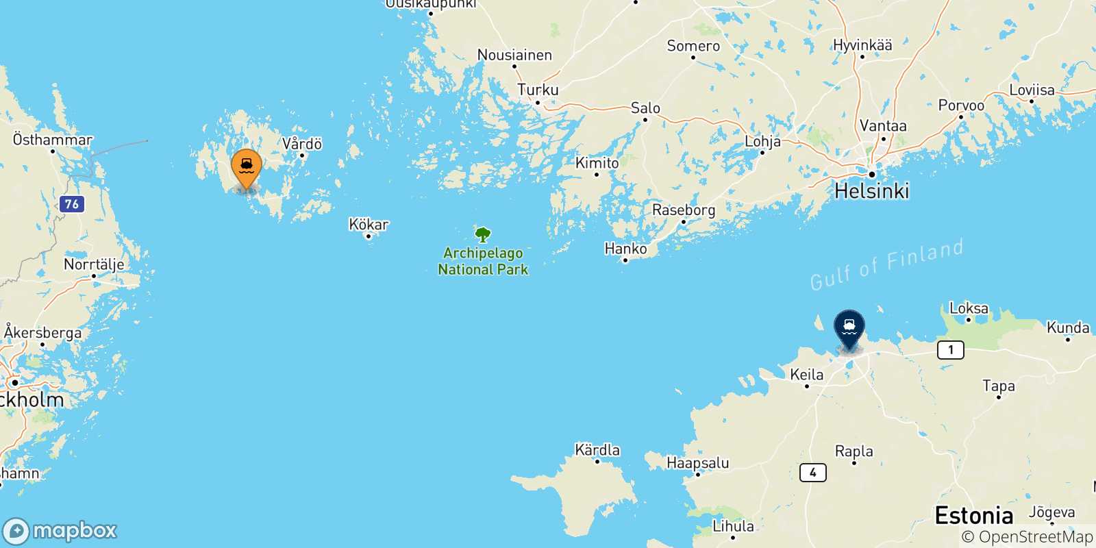 Carte des traversées possibles entre Mariehamn et l'Estonie