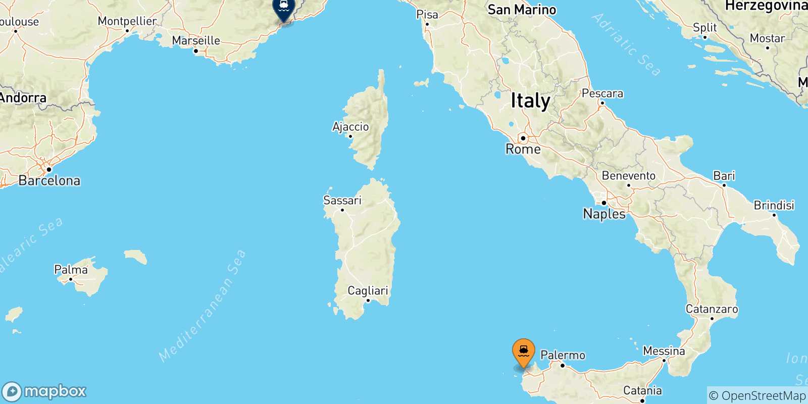Carte des traversées possibles entre la Sicile et Nice