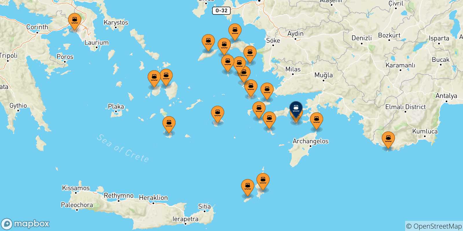Carte des traversées possibles entre la Grèce et Symi