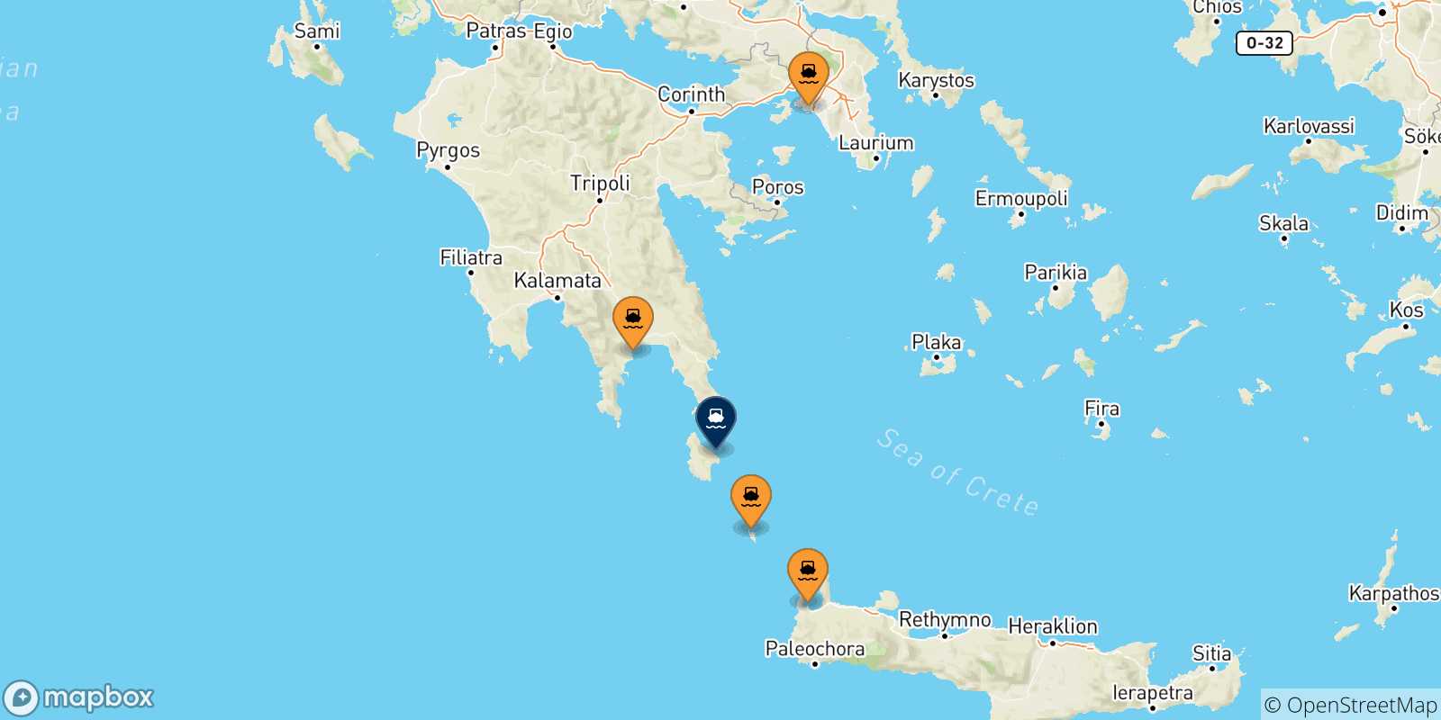Carte des traversées possibles entre la Grèce et Cythère