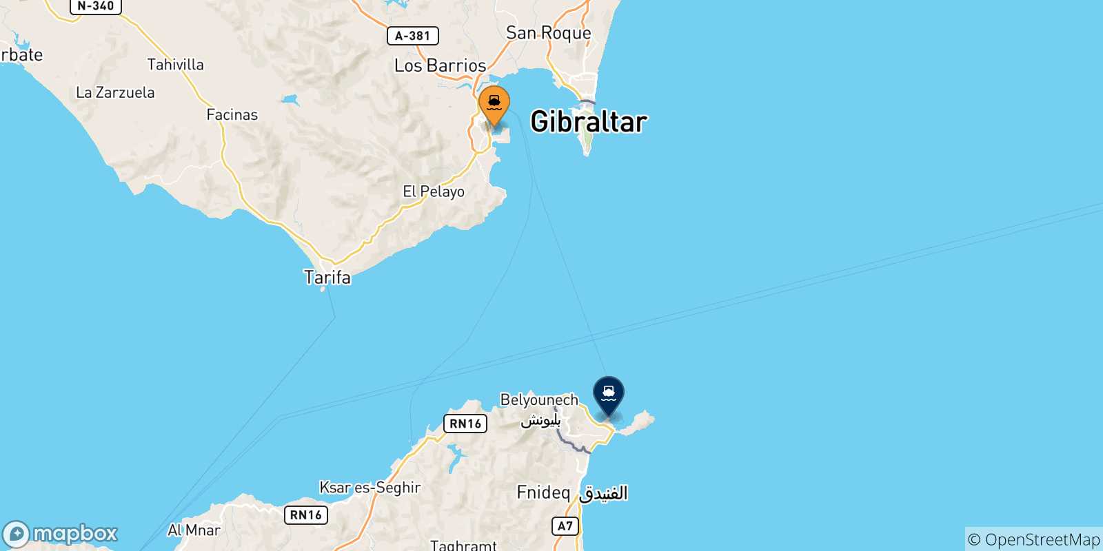 Carte des traversées possibles entre l'Espagne et Ceuta