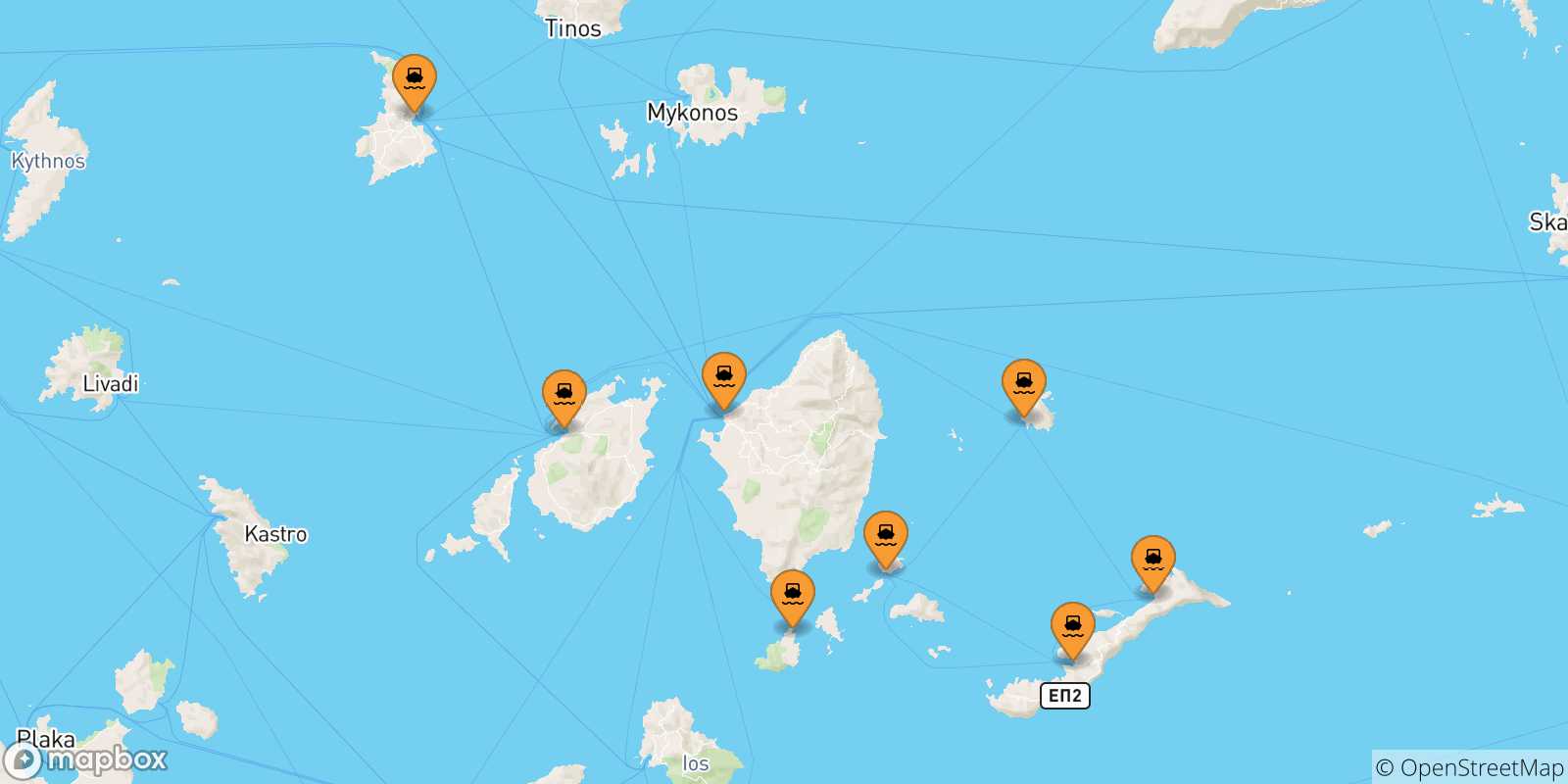 Carte des traversées possibles entre Îles Des Cyclades et Schinoussa