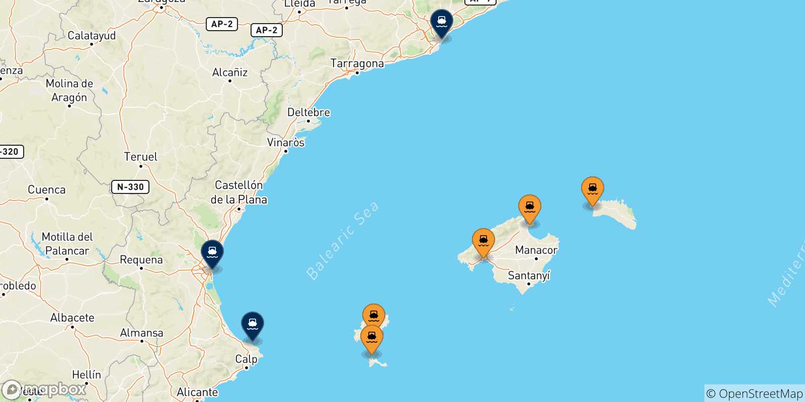 Carte des traversées possibles entre les Îles Baléares et l'Espagne